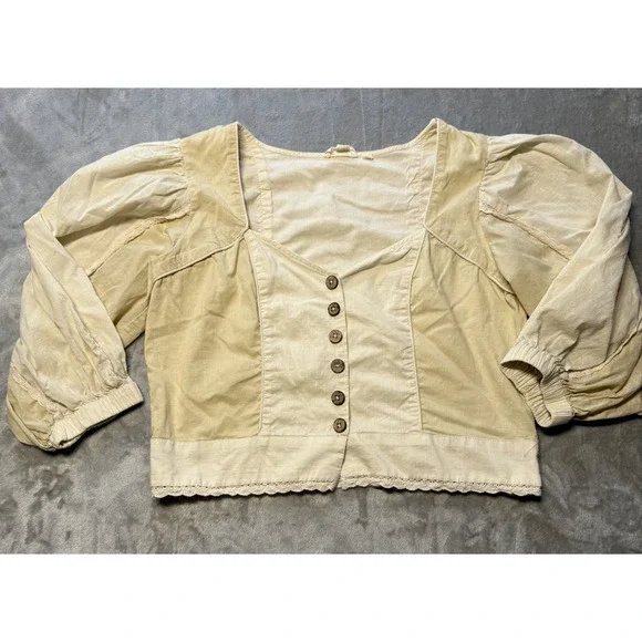 Anthropologie Let Me Be Cream Puff Sleeve Sweetheart Crop Top Buttons Sz M - Picture 3 of 12